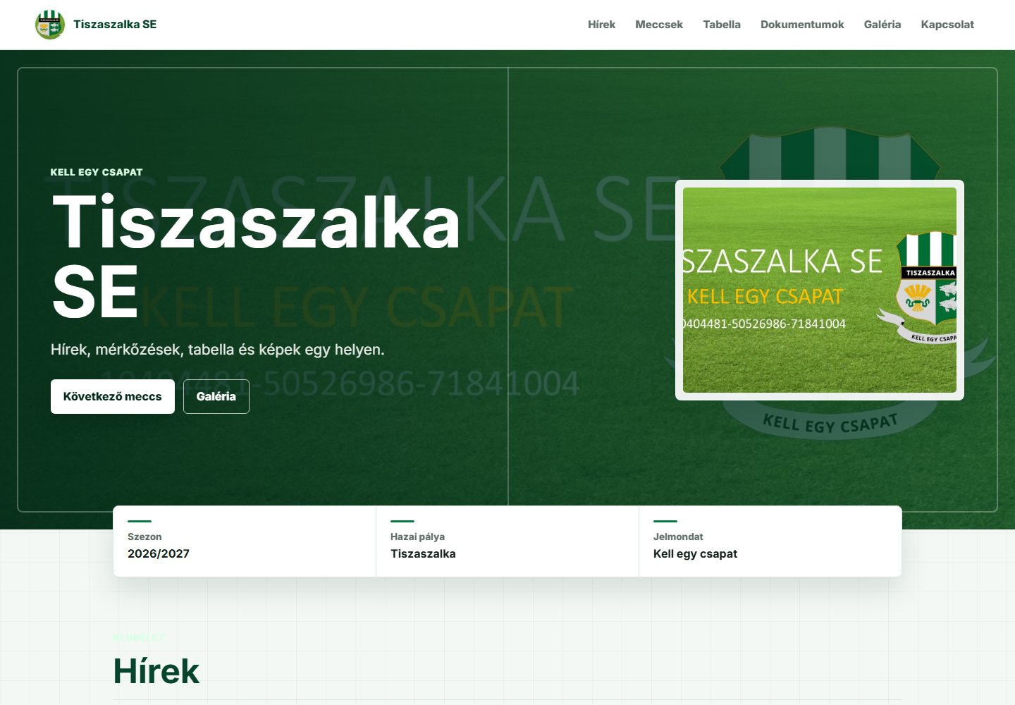 Tiszaszalka SE sportegyesületi weboldal — asztali képernyőkép