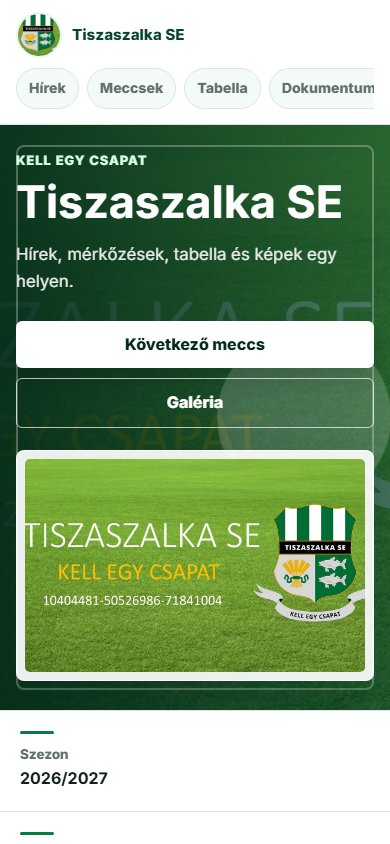 Tiszaszalka SE mobilos weboldal — képernyőkép